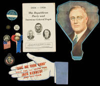 Six pins, two paper items and a booklet for political candidates or causes