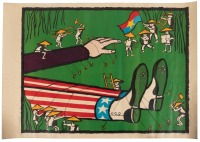 Poster featuring Uncle Sam as Gulliver and soldiers of the Viet Cong as Lilliputians tying him to the ground