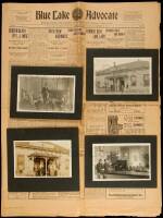 Four mounted photographs of the Blue Lake Advocate News office - 1917 newspaper