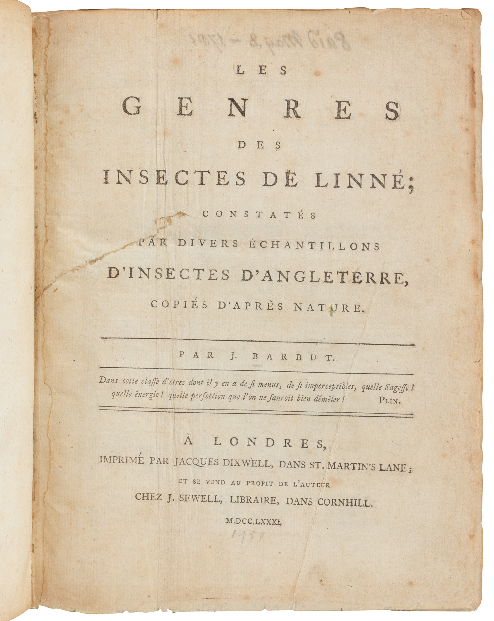 Linee Insect Grouping Genera Insectorum of Linnaeus Exemplified by Various Specimens of ...