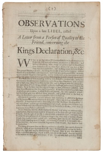 Observations Upon a Late Libel, Called A Letter from a Person of Quality to His Friend, Concerning the Kings Declaration, &c.