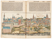 Printed leaf with colored woodcut of Buda from the Nuremberg Chronicle (Liber Chronicarum)
