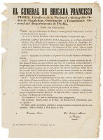 Broadside issued by Francisco Perez, Governor-General of Puebla, transmitting a decree build a presidio at La Paz, Baja California