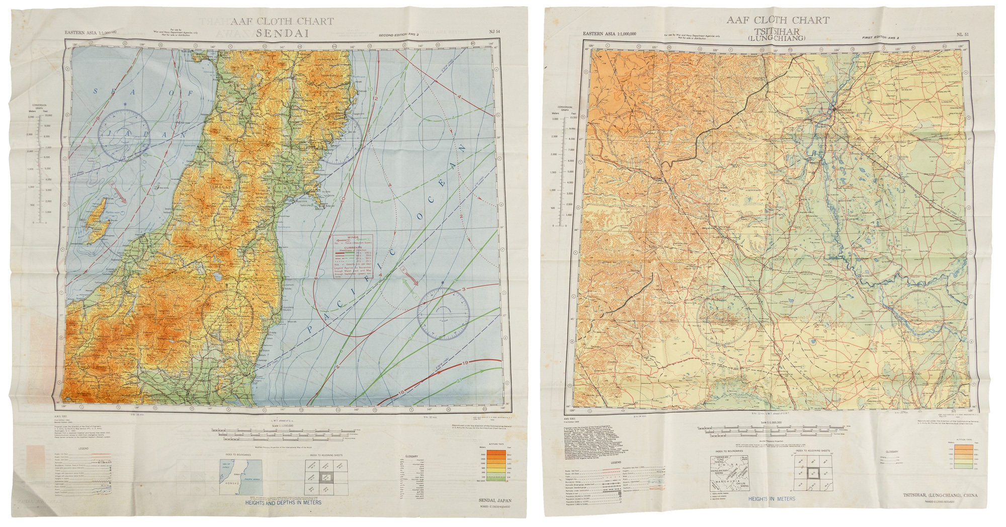 Five US Army Air Force pilot silk escape maps of East Asia from World War II