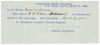 Pass for Ferry transit from San Francisco to Oakland and return during the week following the San Francisco Earthquake