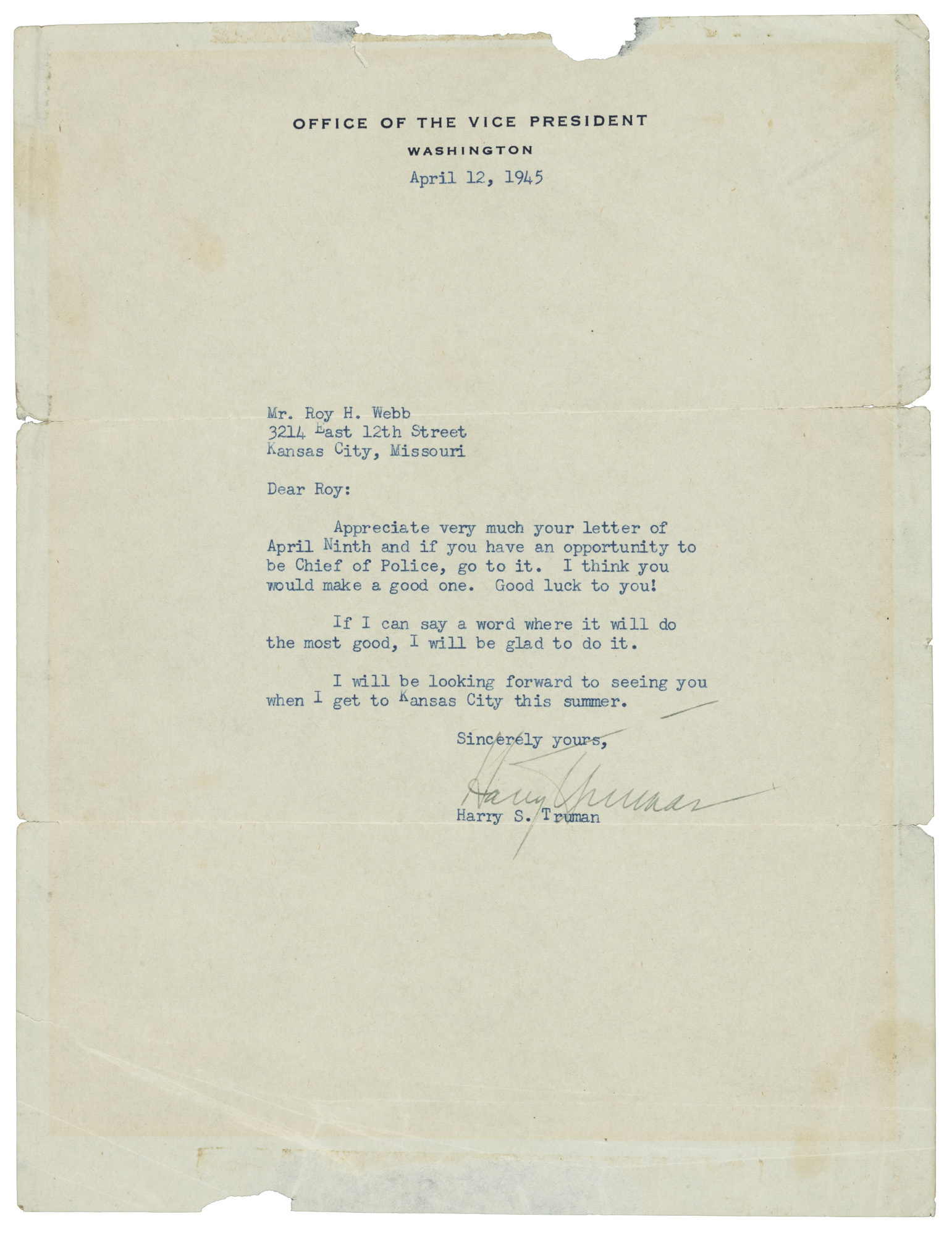 Letter signed by Harry Truman on the day he became President