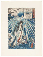Hatsuhana doing penance under the Tonozawa Waterfall, from Lives of Wise and Heroic Women (Kenjo reppu den)