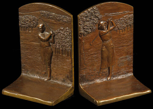 Pair of bronze bookends - coed pair of golfers, one on each bookend