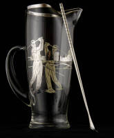 Glass cocktail pitcher with sterling silver overlays, with image of golfer on the sides