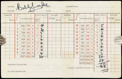 Score card from the Durban (South Africa) Country Club, signed by Bobby Locke