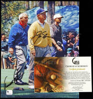 Photograph of Arnold Palmer, Jack Nicklaus and Tiger Woods at the 1996 Masters - signed by Palmer and Nicklaus