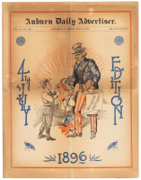 Issue of the Auburn Daily Advertiser with front page color engraving of Uncle Sam in celebration of the Independence Day holiday on July 4, 1896