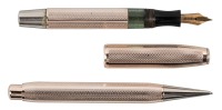 [UNKNOWN MAKER]" Rhodium-Plated Mini Fountain Pen and Propelling Pencil Pair, Guilloche Pattern, in Original Leather Case