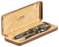 MOORE: Grey-Green Striated Celluloid Fountain Pen and Propelling Pencil Pair in Original Box