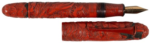 [JAPANESE LACQUER]: Carved Red Japanese Lacquer Vintage Fountain Pen, Sailors at Sea