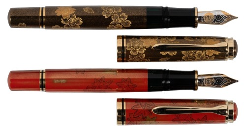 PELIKAN: M800 Cherry Blossom [and] M800 Autumn Leaves Pair of Limited Edition Maki-e Fountain Pens