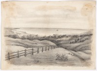 Original pencil drawing of Monterey Bay, with several buildings visible at left