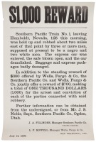 Original reward poster issued by Southern Pacific Co. and Wells, Fargo & Co. offering a total reward of $1,000 for information leading to the arrest and conviction of the parties connected with the robbery of Southern Pacific Train No. 1 near Humboldt, Ne