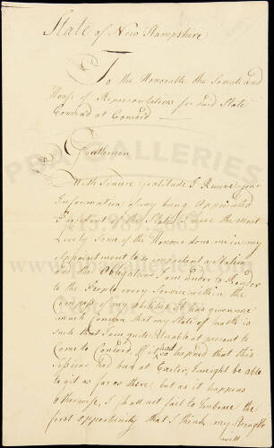 Manuscript Letter signed by Meshech Weare, to the Congress of New Hampshire