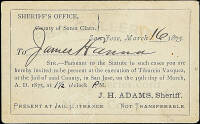 Original invitation to the hanging of outlaw Tiburcio Vasquez on March 16, 1875