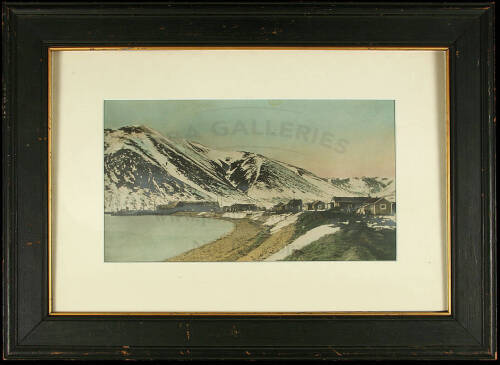 Tinted silver photograph of a small village by an inlet, possibly Dutch Harbor, Unalaska, Aleutians