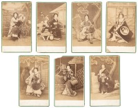 Seven Japanese carte-de-visite size photographs of actors in costume