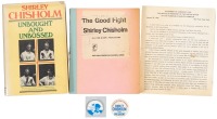 Two books by Shirley Chisholm, two presidential campaign buttons, and a flyer announcing her candidacy for President of the United States