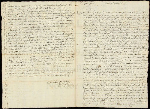 Manuscript Document from the Mayor's Court, City of New York, being the complaint of George Aston against John Wytt and his wife Margaret for defamation regarding financial affairs