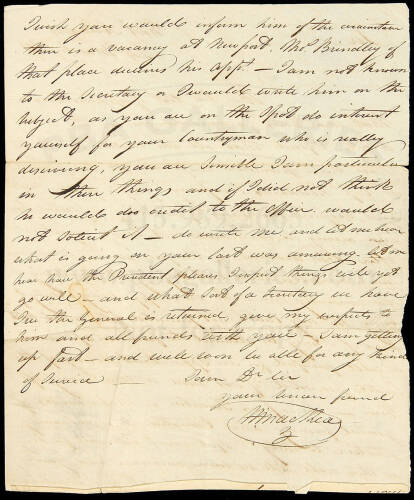 Autograph Letter, signed by William MacRea, regarding the the appointment of Joseph Garden Smith to West Point