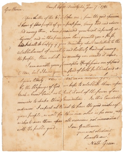 Autograph letter signed by Nathanael Greene