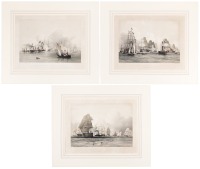 Three hand-colored lithographs from: The Experimental Squadron: a series of drawings on stone by L. Haghe, from paintings by J. M. Gilbert illustrative of H. M. [Queen Victoria's] visit to Spithead, July 15th, 1845
