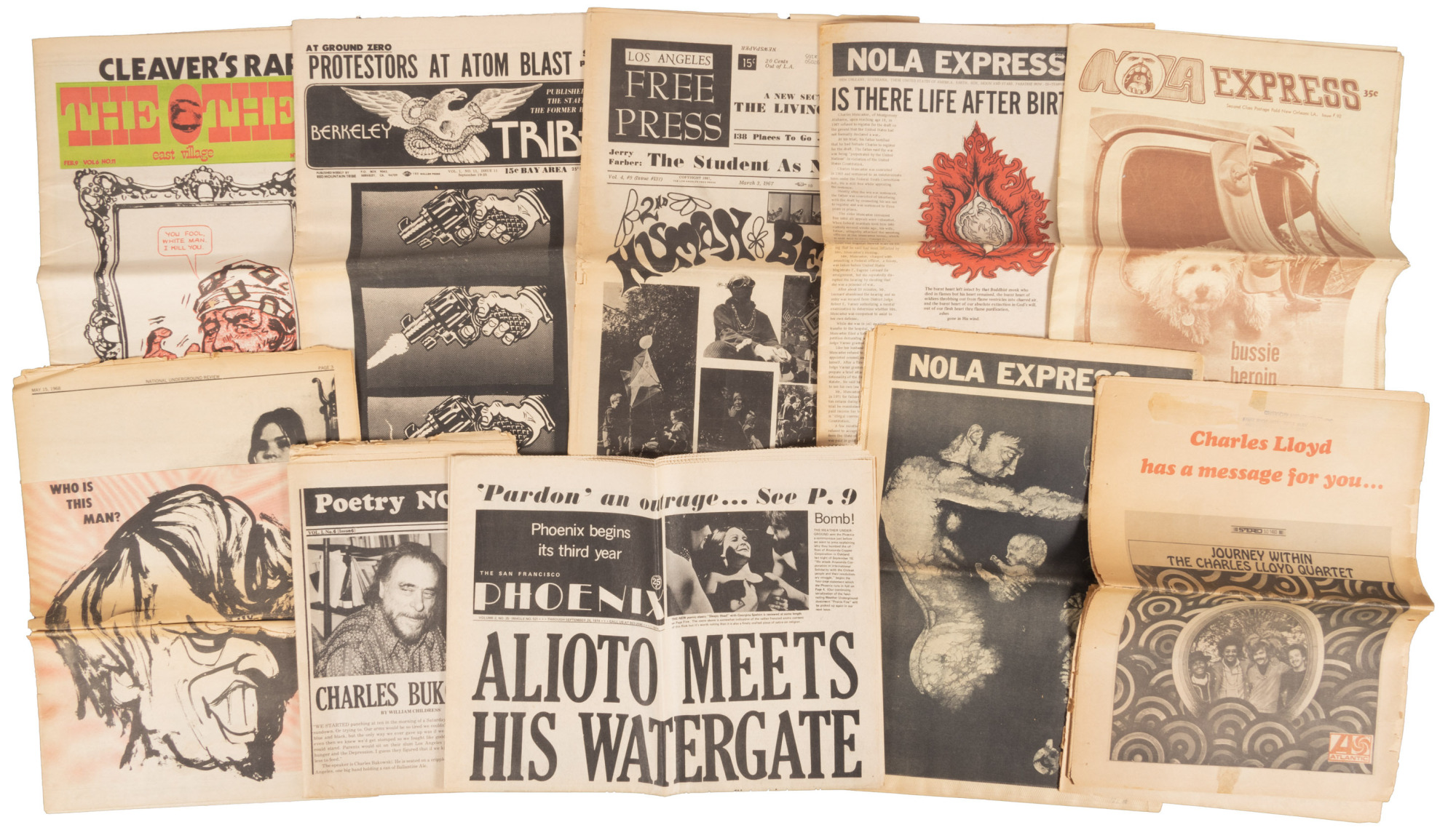 Large collection of early underground tabloids featuring Charles Bukowski