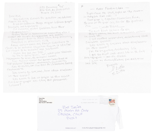 Steve Ditko Handwritten Letter to Publisher Mel Smith, March 29, 2014 * "Nothing Interesting... About Senseless Violence"
