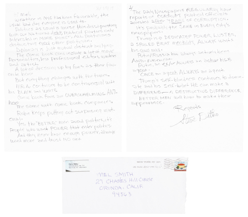 Steve Ditko Handwritten Letter to Publisher Mel Smith, August 27, 2017 * Ditko Rips Trump a New One