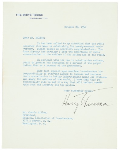 Letter from Harry S. Truman to Justin Miller