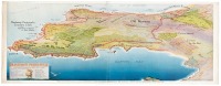 Promotional flyer with map of the Pebble Beach Golf Course on one side and a color bird's-eye view of the Monterey Peninsula on the other