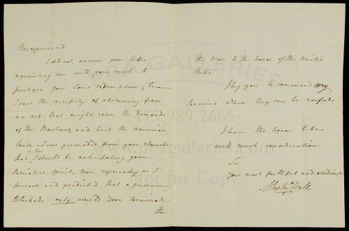 Autograph Letter signed by Alexander J. Ball, to Charles Biddle, regarding his son's release by Tripoli pirates