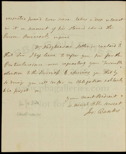 Autograph Letter signed by Joseph Banks, to John Vaughan, a lawyer in Philadelphia