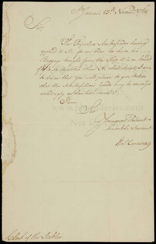 Letter signed by H.S. Conway as British secretary of state, regarding the Tripoline ambassador's baggage