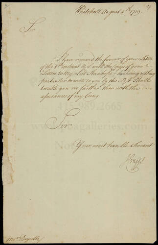Autograph Letter signed by James Craggs, to a Mr. Dayrolles