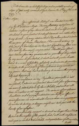 Autograph Letter signed by Thomas McKean, Signer from Delaware, addressed to the citizenry of York County, Pennsylvania