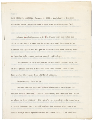 Saul Bellow: Address, January 21, 1963 at the Library of Congress - manuscript