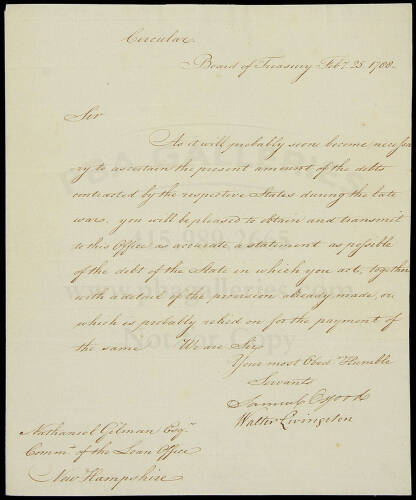 Letter signed by Samuel Osgood, commissioner of U.S. Treasury, regarding consolidation of Revolutionary War debt