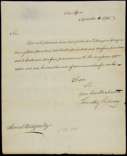 Letter signed by Timothy Pickering as Secretary of War, to Samuel Hodgdon