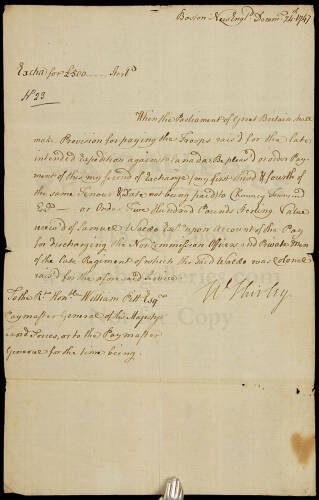 Manuscript Document signed by William Shirley, colonial governor of Massachusetts