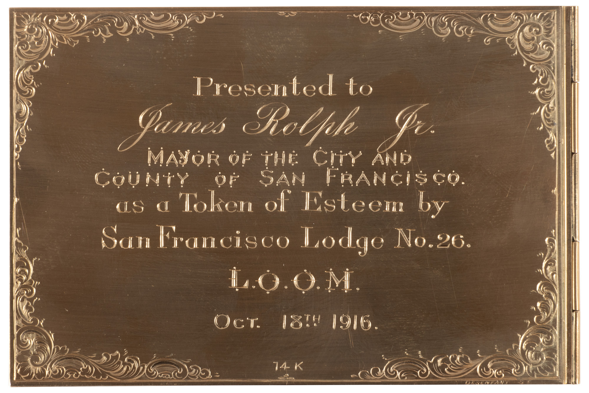 14K Gold Ceremonial Plaque presented to Mayor James Rolph Jr.