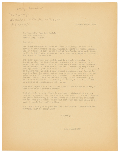 Unsent letter from John Steinbeck to the American Ambassador in Mexico City
