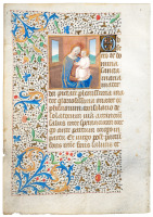 Illuminated vellum manuscript leaf with miniature of the Madonna and Child