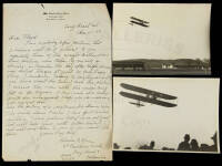 Four photographs of a Wright Brothers plane in flight, with letter from the photographer