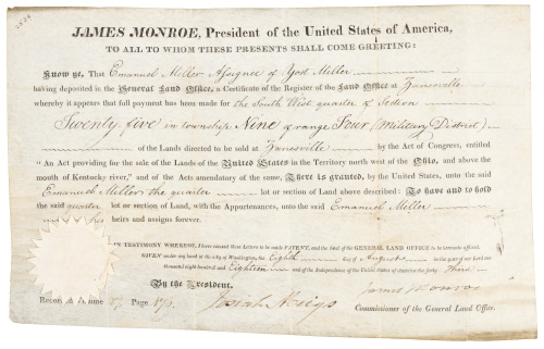 Land grant signed by James Monroe